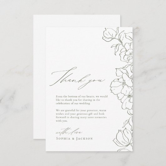 Sage Green Elegante handgezeichnete Blumenhochzeit Dankeskarte (Vorne/Hinten)