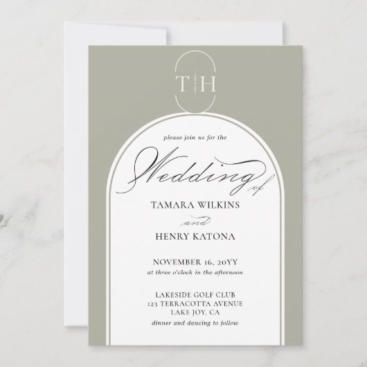 Sage Green Elegante Kalligrafie Mit Monogramm Hoch Einladung (Vorderseite)