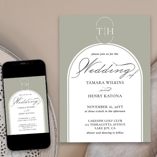 Sage Green Elegante Kalligrafie Mit Monogramm Hoch Einladung