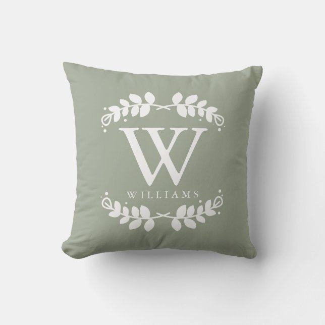 Sage Green Elegante Monogramm Kissen (Vorderseite)