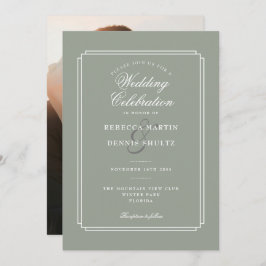 Sage Green Elegante Script Art Deco Foto Hochzeit Einladung