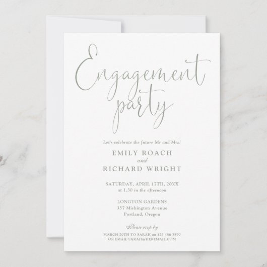 Sage Green Elegante Script Engagement Party Einladung (Vorderseite)