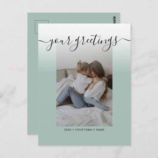 Sage Green Elegante Script Family Foto Grüße Postkarte (Vorne/Hinten)