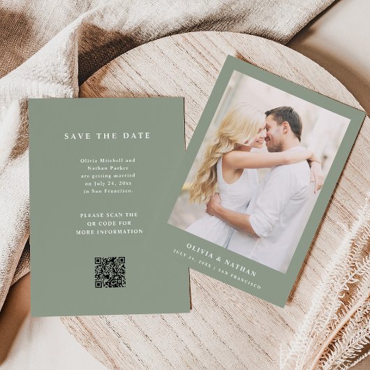 Sage Green Elegante Text and Foto Wedding QR Code Save The Date
