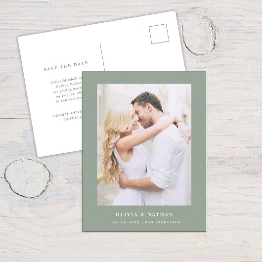 Sage Green Elegante Text und Foto | Save The Date Ankündigungspostkarte