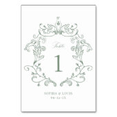 Sage Green Elegante Vintag Barock Wappen Hochzeit Tischnummer (Rückseite)