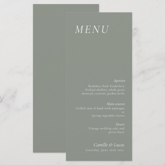 Sage Green elegantes Hochzeitsmenü Menükarte (Vorne/Hinten)