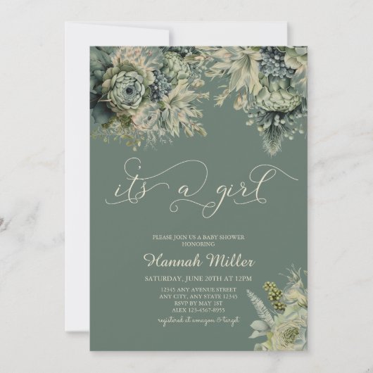 Sage Green | Elfenbein | Girl Baby Dusche Wasserfa Einladung (Vorderseite)