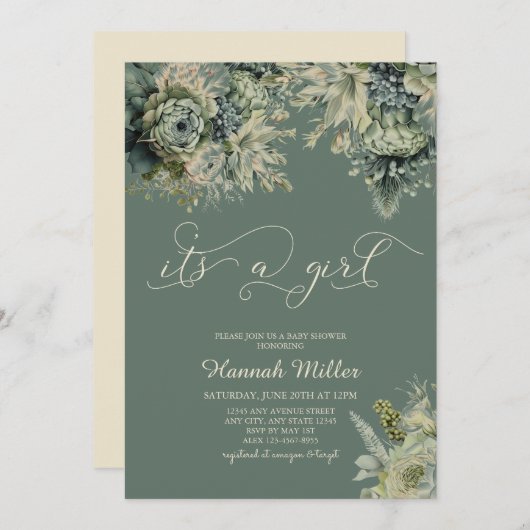 Sage Green | Elfenbein | Girl Baby Dusche Wasserfa Einladung (Vorne/Hinten)