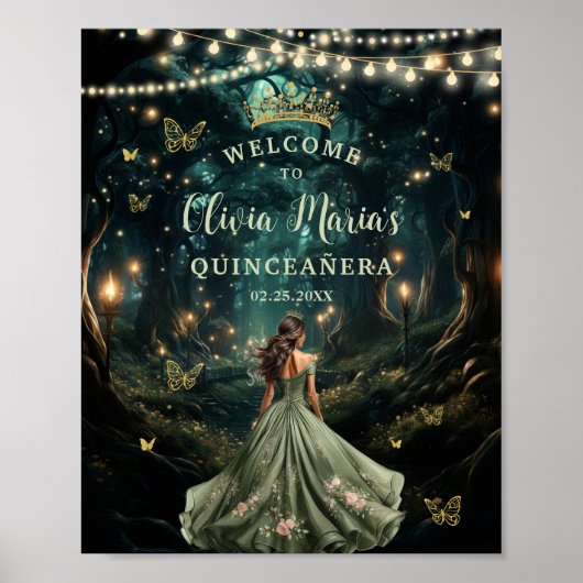 Sage Green Enchanted Forest Quinceañera Willkommen Poster (Vorne)