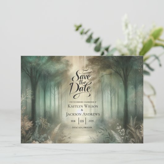 Sage Green Enchanted Forest Radiance Wedding Save The Date (Stehend Vorderseite)