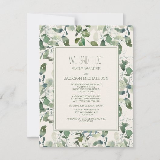 Sage Green Eucalyptus Blätter Wedding Elopement Einladung (Vorderseite)