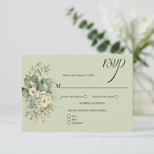 Sage Green Eucalyptus Botanical Floral RSVP | Karte (Stehend Vorderseite)