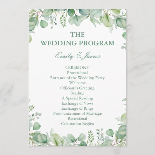 Sage Green Eucalyptus Botanical Wedding PROGRAM Programm (Vorderseite)