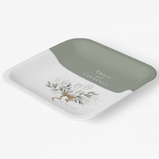Sage Green Eucalyptus Champagne Wedding Tellers Pappteller (Gewinkelt)