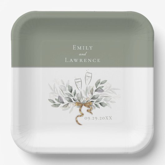 Sage Green Eucalyptus Champagne Wedding Tellers Pappteller (Vorderseite)