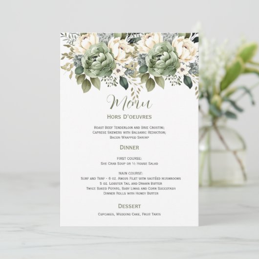 Sage Green Eucalyptus Floral Wedding | Menu Einladung (Stehend Vorderseite)