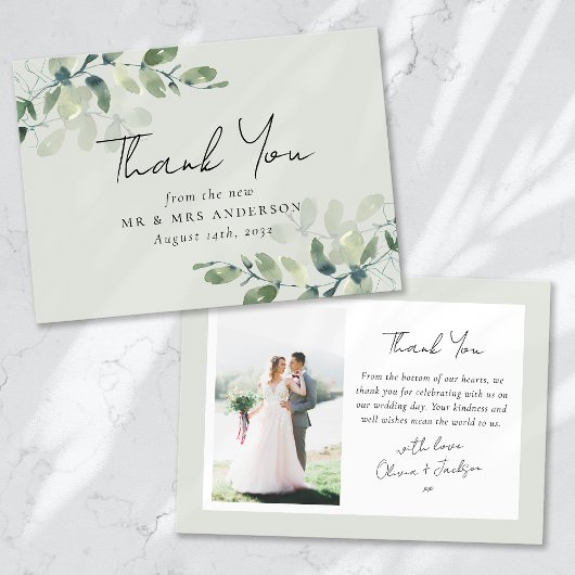 Sage Green Eucalyptus Foto Wedding Dankeskarte