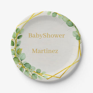 Sage Green Eucalyptus Gold Baby Shower Paper Plate Pappteller