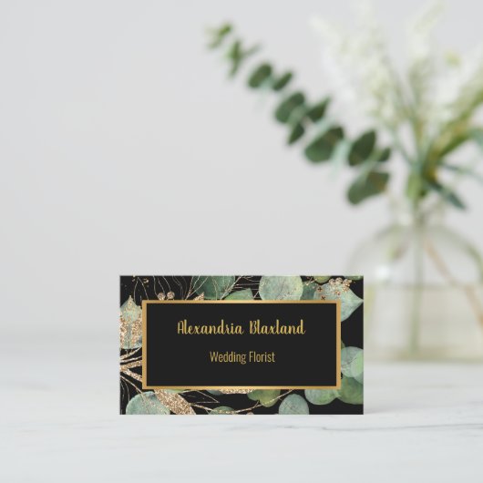 SAGE GREEN EUCALYPTUS GOLD BLACK BUSINESS CARD VISITENKARTE (Stehend Vorderseite)