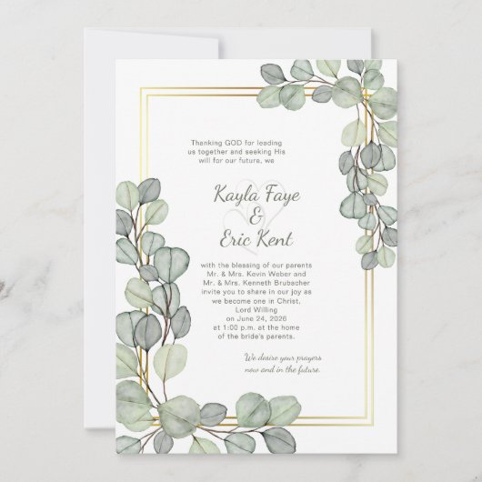 Sage Green Eucalyptus Gold Frame Wedding Einladung (Vorderseite)