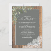 Sage Green Eucalyptus Lace Wood Script Foto Einladung (Vorderseite)