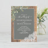 Sage Green Eucalyptus Lace Wood Script Foto Einladung (Stehend Vorderseite)