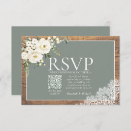 Sage Green Eucalyptus Lace Wood Wedding QR UAWG RSVP Karte