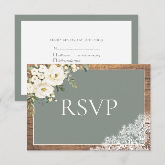 Sage Green Eucalyptus Lace Wood Wedding RSVP Karte (Vorne/Hinten)