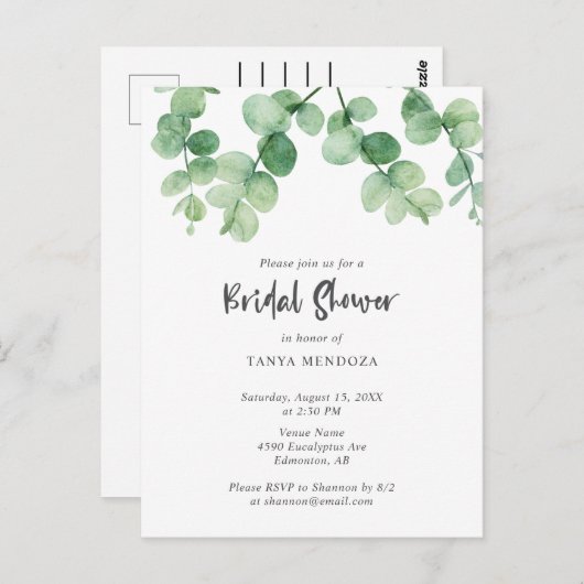 Sage Green Eucalyptus Leaf Brautparty Chic Postkarte (Vorne/Hinten)