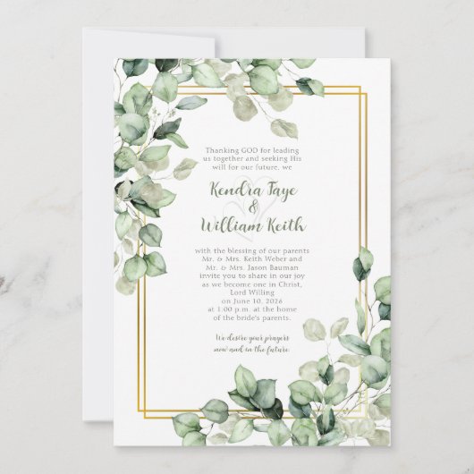 Sage Green Eucalyptus Leaves Gold Frame Wedding Einladung (Vorderseite)