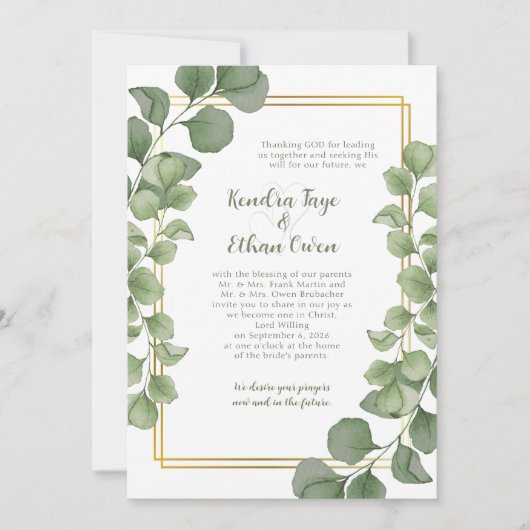 Sage Green Eucalyptus Leaves Gold Frame Wedding Einladung (Vorderseite)