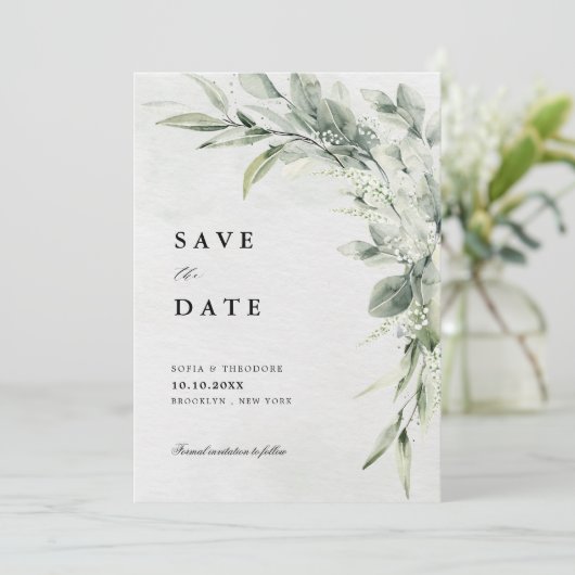 Sage Green Eucalyptus Minimalistisch Botanische Ho Save The Date (Stehend Vorderseite)