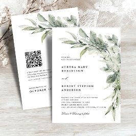 Sage Green Eucalyptus Minimalistisch QR Code Hochz Einladung