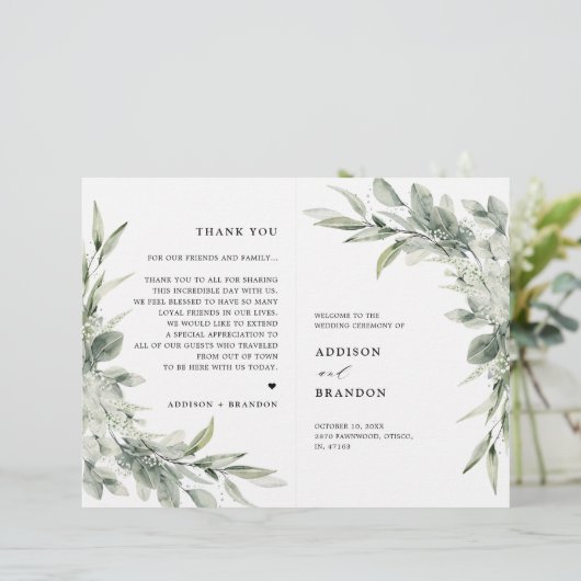 Sage Green Eucalyptus Minimalistisch Wedding Progr (Stehend Vorderseite)