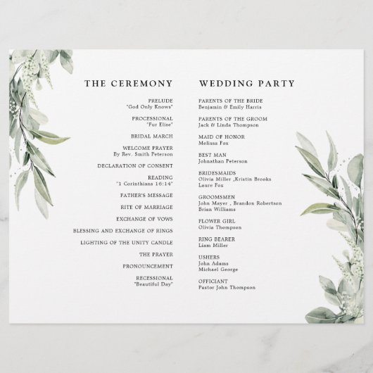 Sage Green Eucalyptus Minimalistisch Wedding Progr (Rückseite)