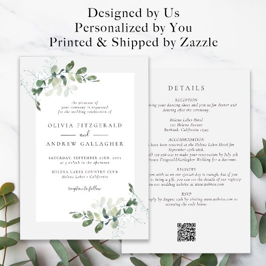 Sage Green Eucalyptus QR Code Alle in einer Hochze Einladung