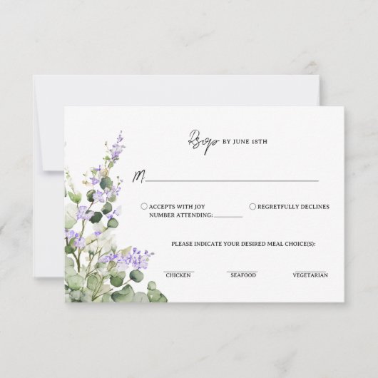 Sage Green Eucalyptus RSVP Card with Lilac Florals Karte (Vorderseite)