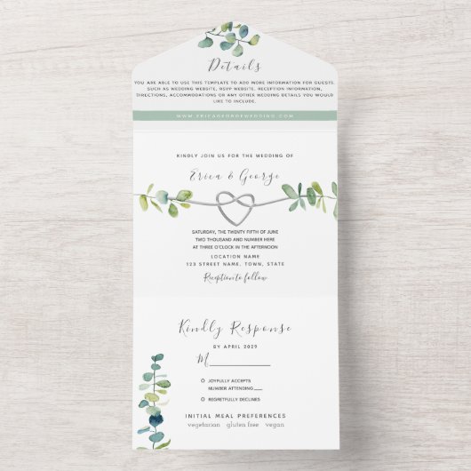 Sage Green Eucalyptus Wedding All In One Einladung (Innen Boden)