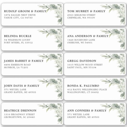 Sage Green Eucalyptus Wedding Guest Name Address Aufkleber (Vorderseite)