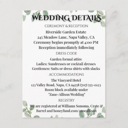 Sage Green Eucalyptus Wedding Info Card Begleitkarte (Vorderseite)