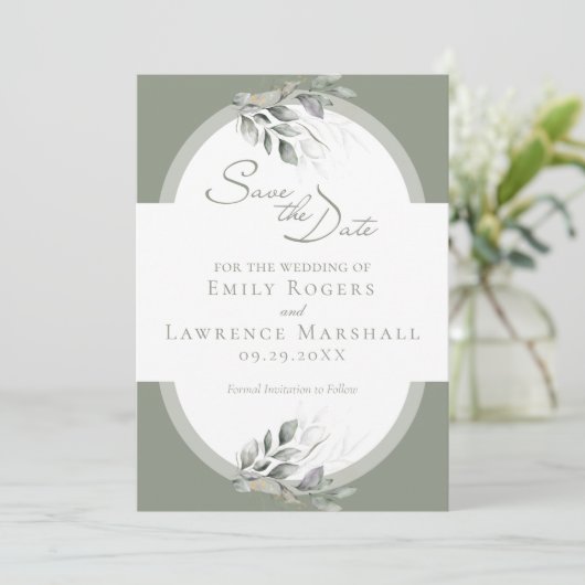 Sage Green Eucalyptus Wedding Save the Date Card Einladung (Stehend Vorderseite)