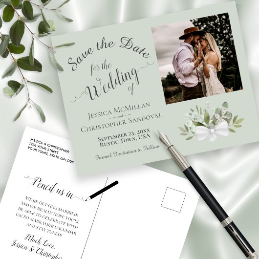 Sage Green Eucalyptus Wedding Save the Date Foto Ankündigungspostkarte