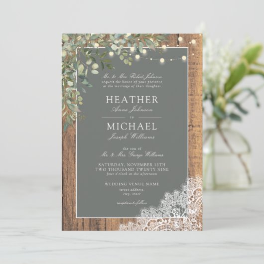 Sage Green Eucalyptus Wood Spitzen Script Wedding  Einladung (Stehend Vorderseite)
