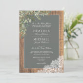Sage Green Eucalyptus Wood Spitzen Script Wedding  Einladung (Stehend Vorderseite)