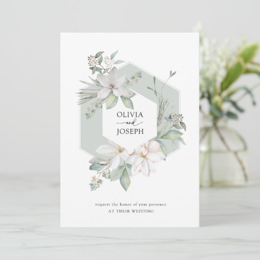 Sage Green | Eukalyptus und Magnolia Wedding Einladung (Stehend Vorderseite)