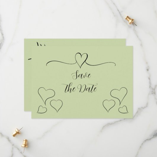 Sage Green Extravagant Calligraphy Hearts Save the Date (Vorderseite/Rückseite Beispiel)
