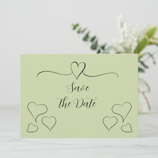Sage Green Extravagant Calligraphy Hearts Save the Save The Date (Stehend Vorderseite)