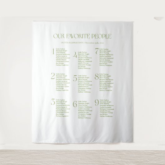 Sage Green Fabric Wedding Seating Chart Wandteppich (Vorderseite)
