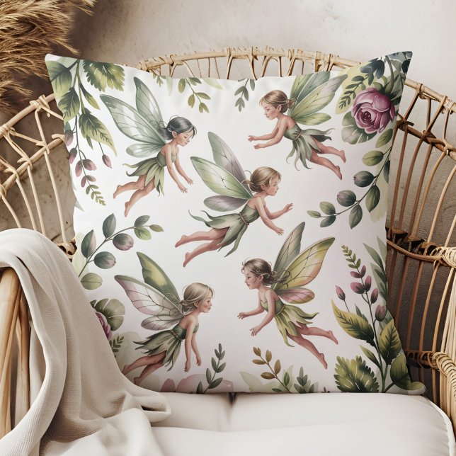 Sage Green Fairycore Botanical Throw Pillow Kissen (Sage Green Fairycore Botanical Throw Pillow in a boho neutral rattan armchair)